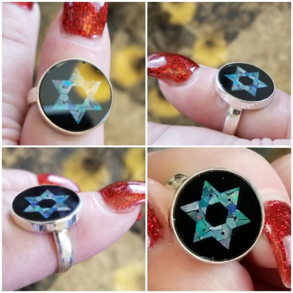 Mosiac Fire Opal in Black Onyx Star of David Ring - Picture 4 of 6